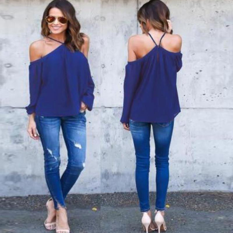 Halter O-Neck Off Shoulder Chiffon Women Blouse Casual Long Sleeve Club Party Plus Size Tops