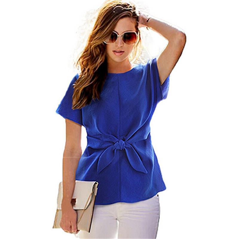 Online discount shop Australia - Fashion Short Sleeve shirt Bow Chiffon Shirt O-neck Office Women's Chiffon Blouse Blue/White/Rose