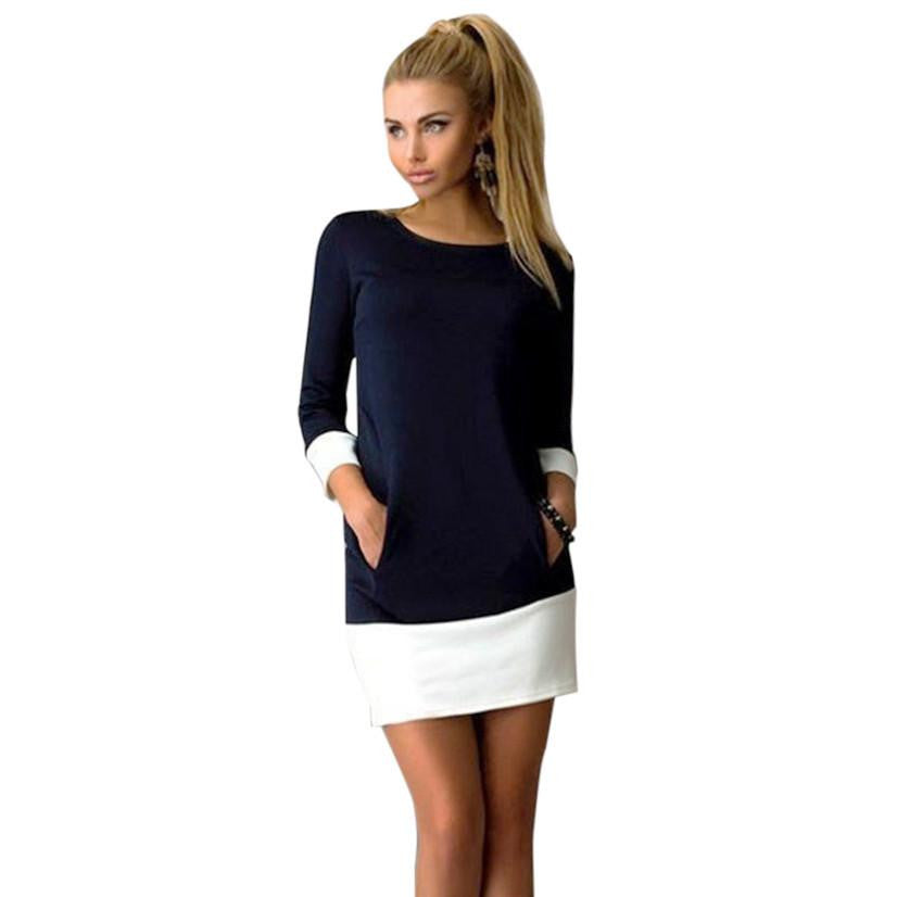 Winter Fashion O-neck Dress Plus Size 3/4 Sleeve with Double Pocket Casual Women Dresses Vestidos