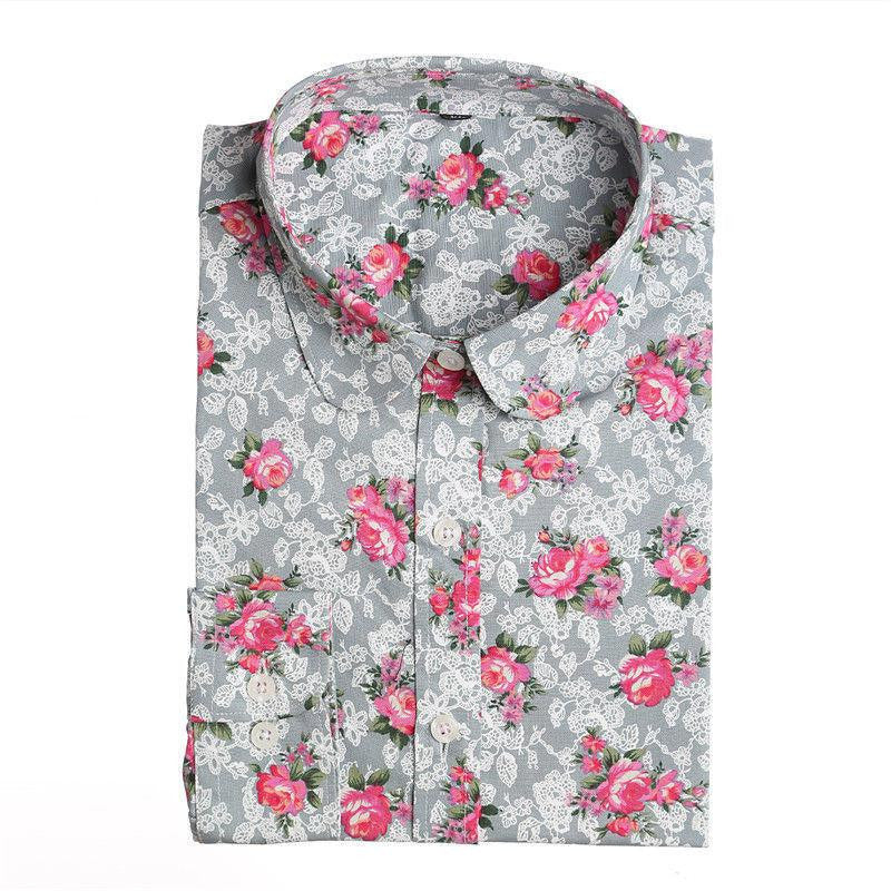 Women Blouse Floral Print Long Sleeve Cotton Women Shirts Turn Down Collar Casual Plus Size Slim Tops