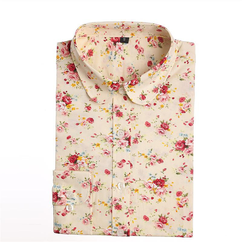 Women Blouse Floral Print Long Sleeve Cotton Women Shirts Turn Down Collar Casual Plus Size Slim Tops