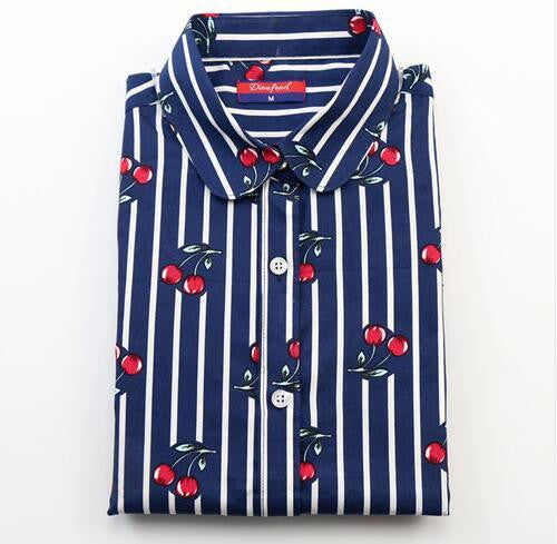 Women Blouse Floral Print Long Sleeve Cotton Women Shirts Turn Down Collar Casual Plus Size Slim Tops