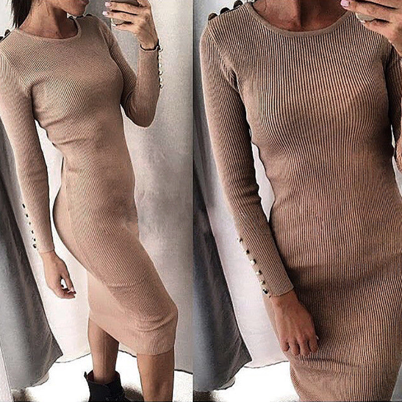 Warm Knitted Midi Dress Women Solid Long Sleeve Package Hip Bodycon Dress