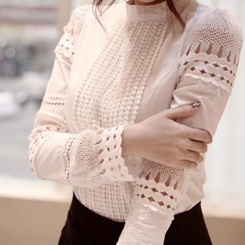 Women Chiffon Blouse Shirt Elegant Women Office Blouses Plus Size Hollow Out Lace Work Wear QAF176C