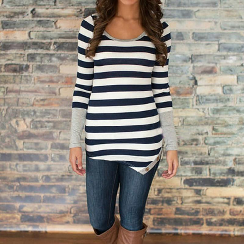 Online discount shop Australia - Donna Fashion T-Shirt Women Contrast Color Striped Long Sleeve T Shirts Casual Button  O-Neck Tee Tops TX0023-G