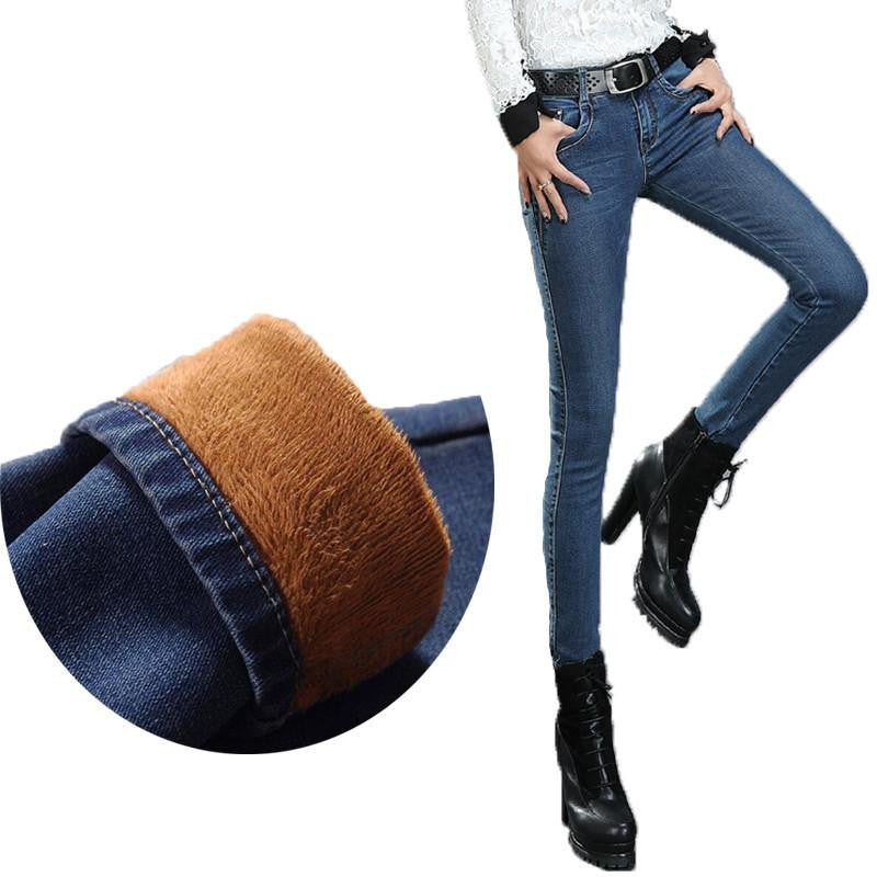 Winter Warm thick velvet skinny jeans Pants for woman Plus size 34 33 Blue demin trousers Skinny ladies pant