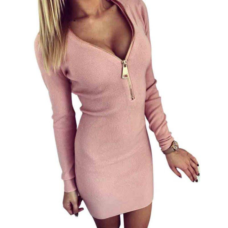 Women Zip V Neck Party Dresses Ladies Long Sleeve Winter Slim Bodycon Ukraine Mini Dress Vestidos