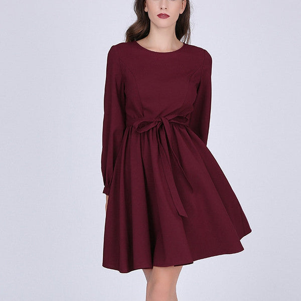 Clocolor autumn dress Elegant Red Long Sleeve A-line Dress fall winter