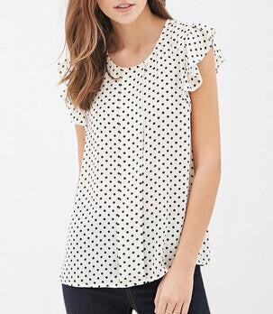 Women Blouses Print shirts Casual Women Top ruffles sleeve Blue Polka Dot Blouses style For Women