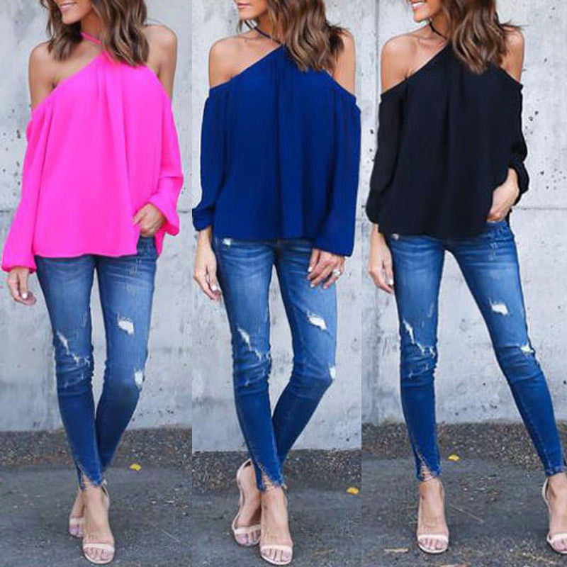 Online discount shop Australia - Halter Neck Bowknot Shirts Elegant Women Sexy Off Shoulder Blouses Casual Slim Chiffon Tops