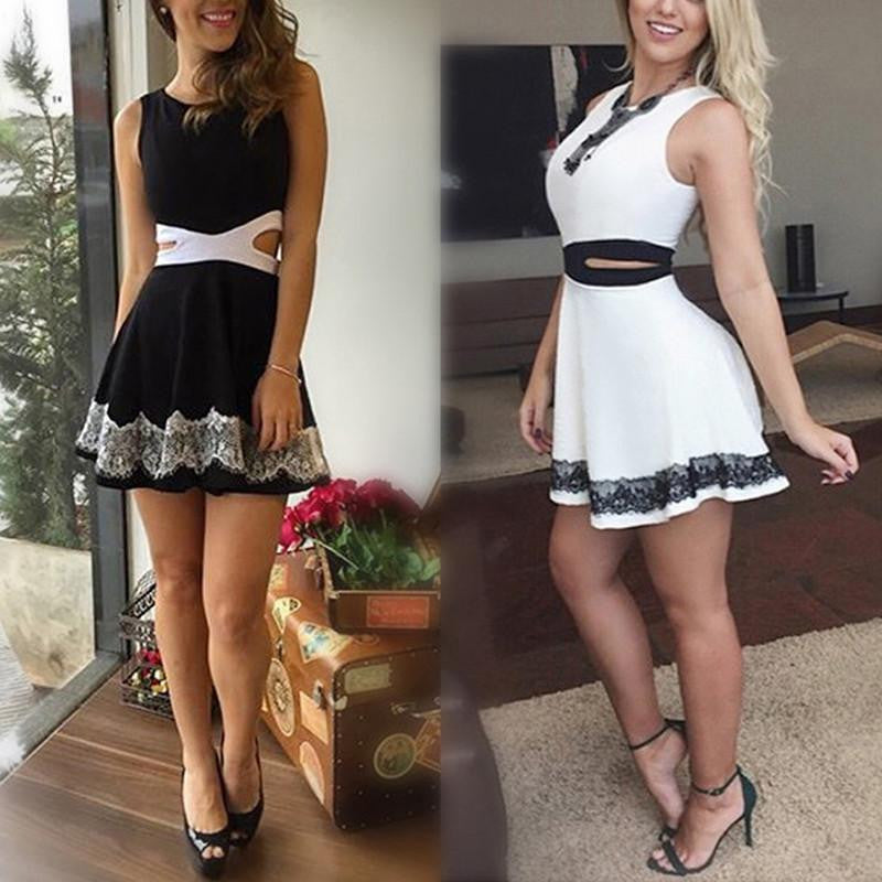 WJ Fashion Women Sleeveless Hollow Out Lace Slim Bodycon Dresses Female Elegant Club Party Sundress Mini Dress