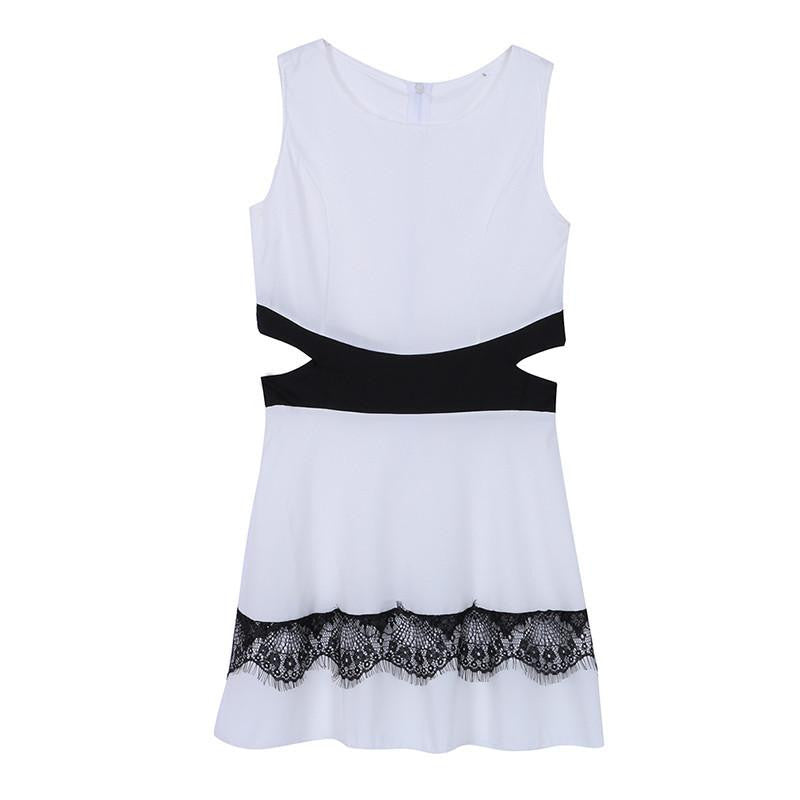 WJ Fashion Women Sleeveless Hollow Out Lace Slim Bodycon Dresses Female Elegant Club Party Sundress Mini Dress