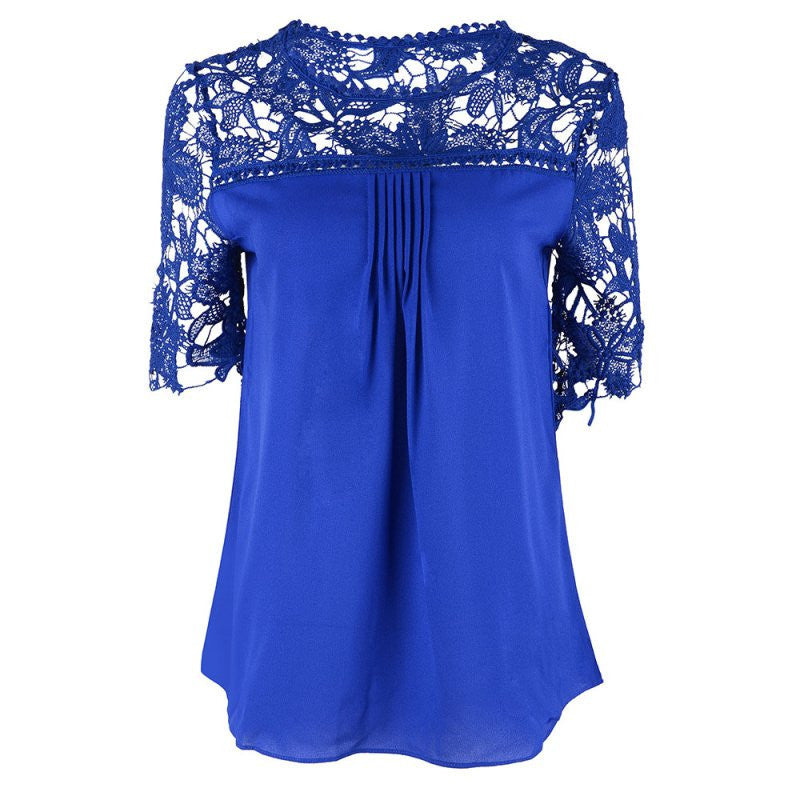 Plus Size Women Clothing Chiffon Blouse O-Neck Patchwork Tops Casual Blouses K6