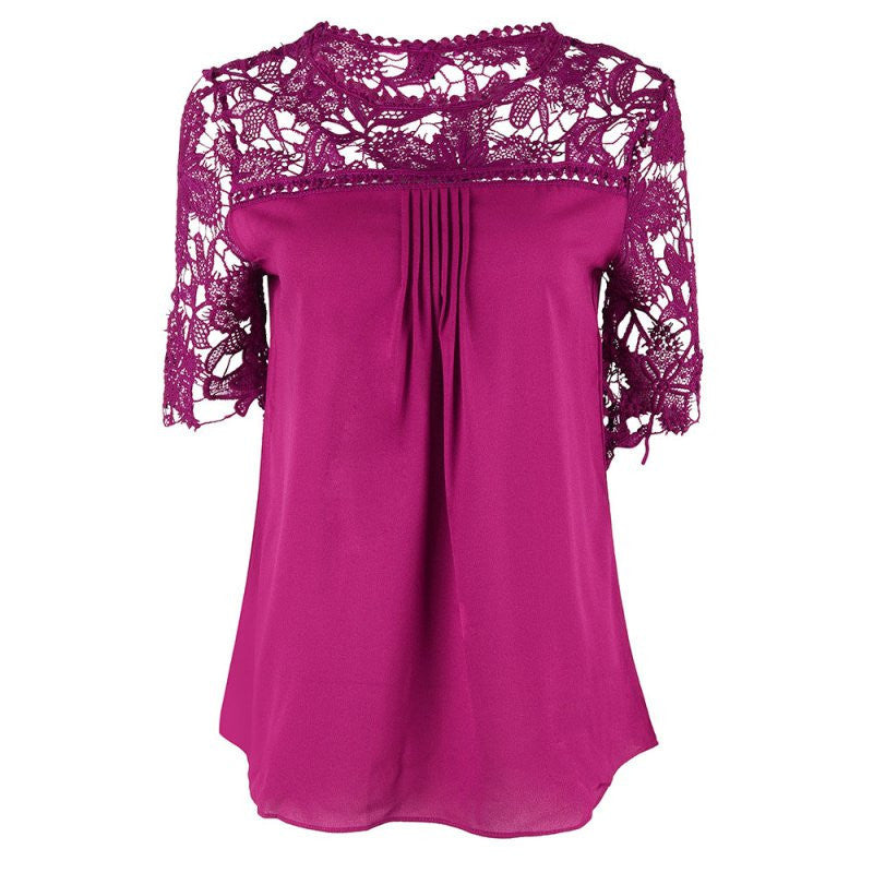 Plus Size Women Clothing Chiffon Blouse O-Neck Patchwork Tops Casual Blouses K6