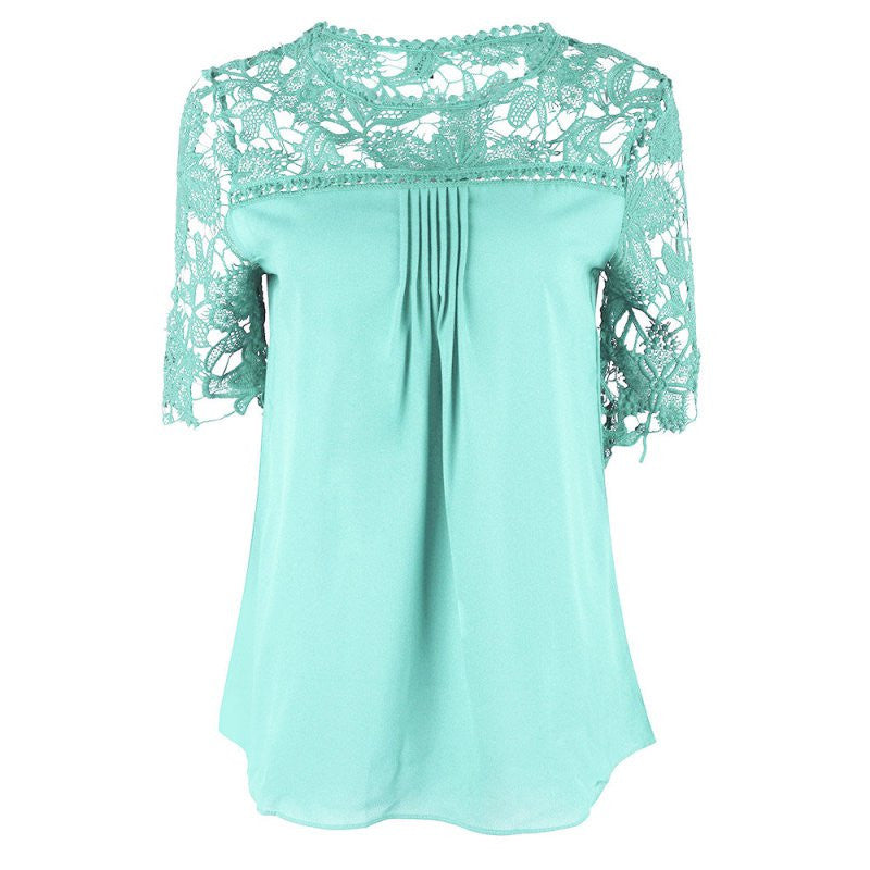 Plus Size Women Clothing Chiffon Blouse O-Neck Patchwork Tops Casual Blouses K6