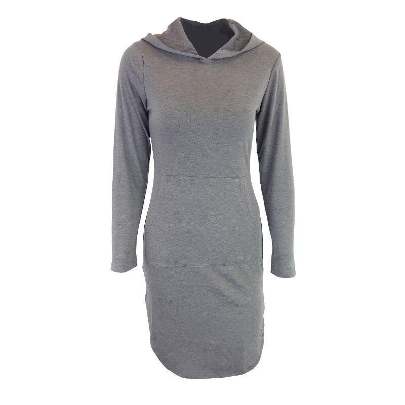 Winter warm cotton hooded dress Women pocket long sleeve bodycon dress slim gray casual short