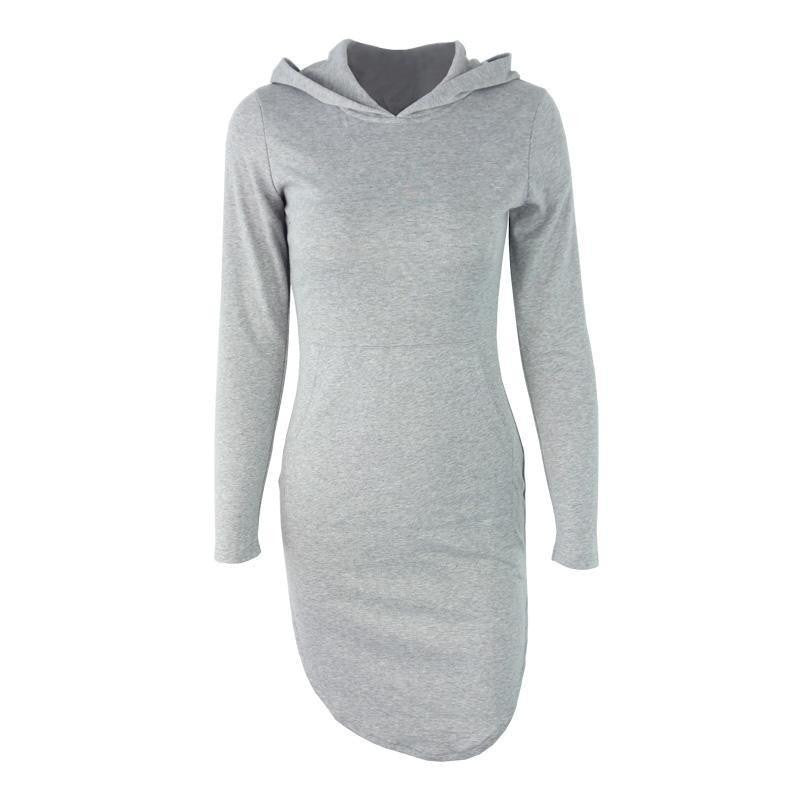 Winter warm cotton hooded dress Women pocket long sleeve bodycon dress slim gray casual short