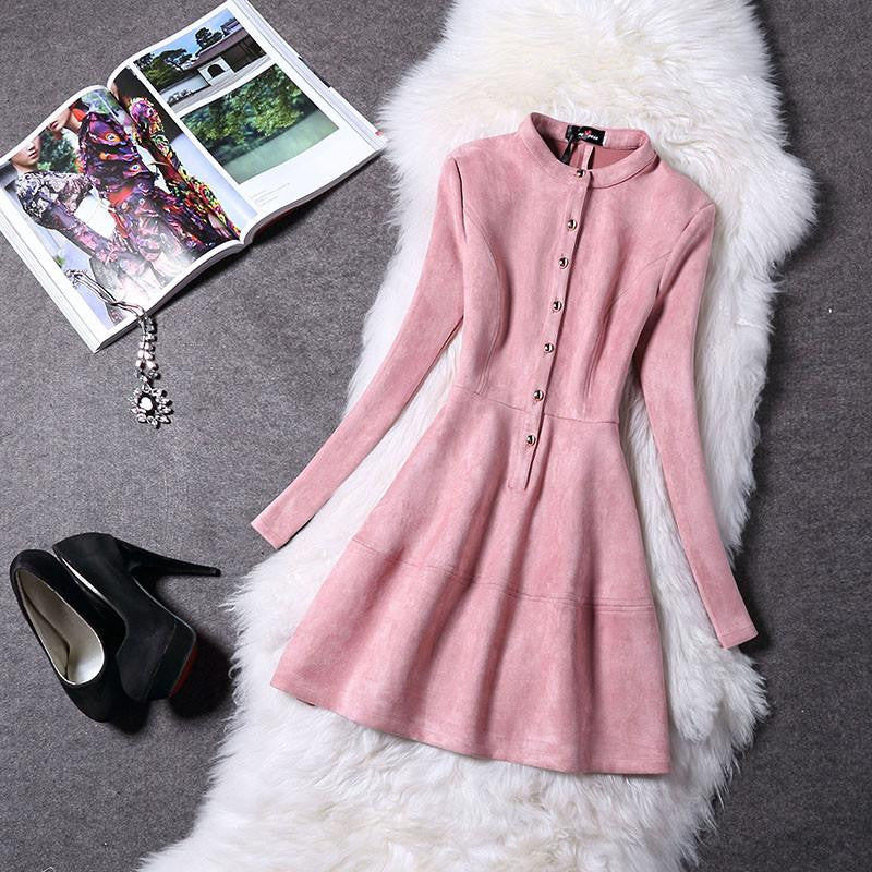 Women Dress Long Sleeve Suede Spring Elegant Casual Bodycon Prom Party Dress Slim Vestidos