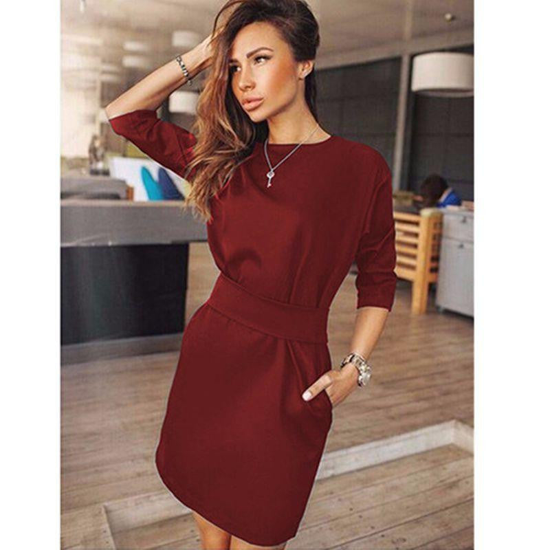 Women Fall Fashion Casual Mini Dress Broadcloth Solid Color Short Sleeve O-neck Women Dress Two Side Pocket Black Dresses