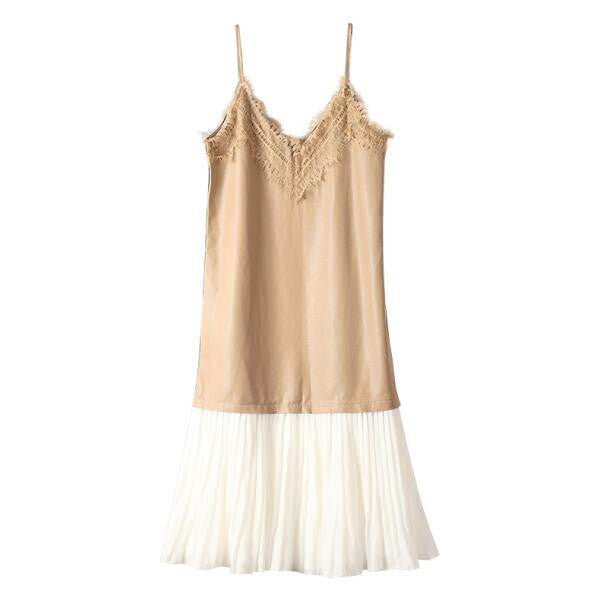 Online discount shop Australia - Autumn PU Leather Splicing Chiffon Pleated V Collar With Lace Straps Dress Women New Casual Clothing