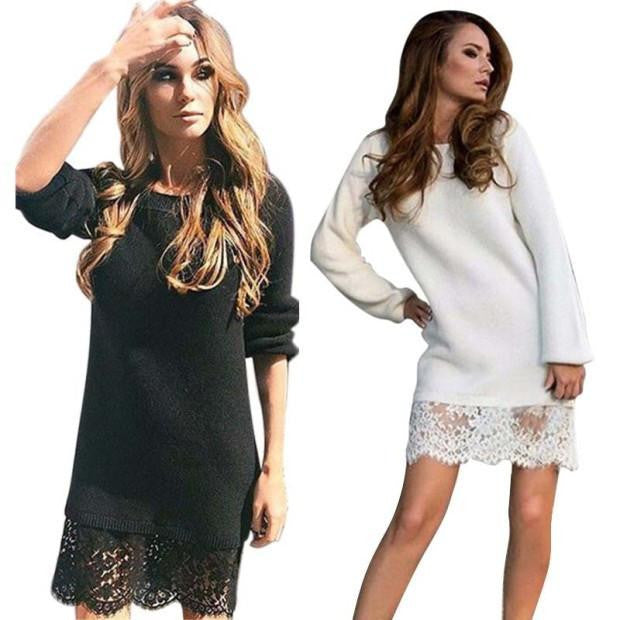 WJ Winter Autumn Women Long Sleeve Warm Lace Knitted Sweater Dresses Black White Slim Bodycon Dress Party Vestidos