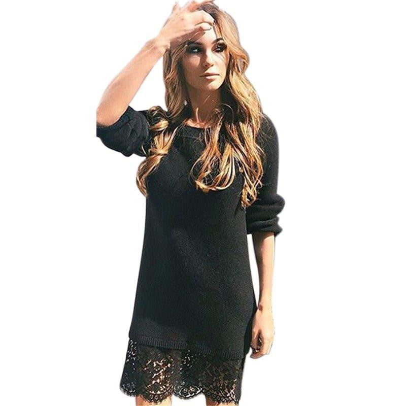 WJ Winter Autumn Women Long Sleeve Warm Lace Knitted Sweater Dresses Black White Slim Bodycon Dress Party Vestidos
