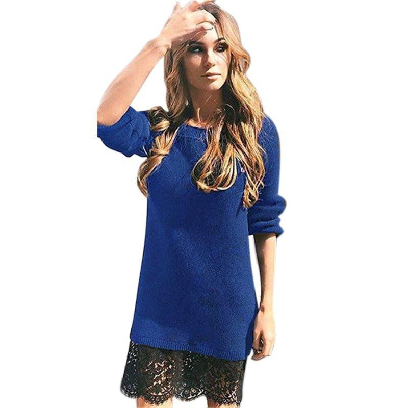 WJ Winter Autumn Women Long Sleeve Warm Lace Knitted Sweater Dresses Black White Slim Bodycon Dress Party Vestidos