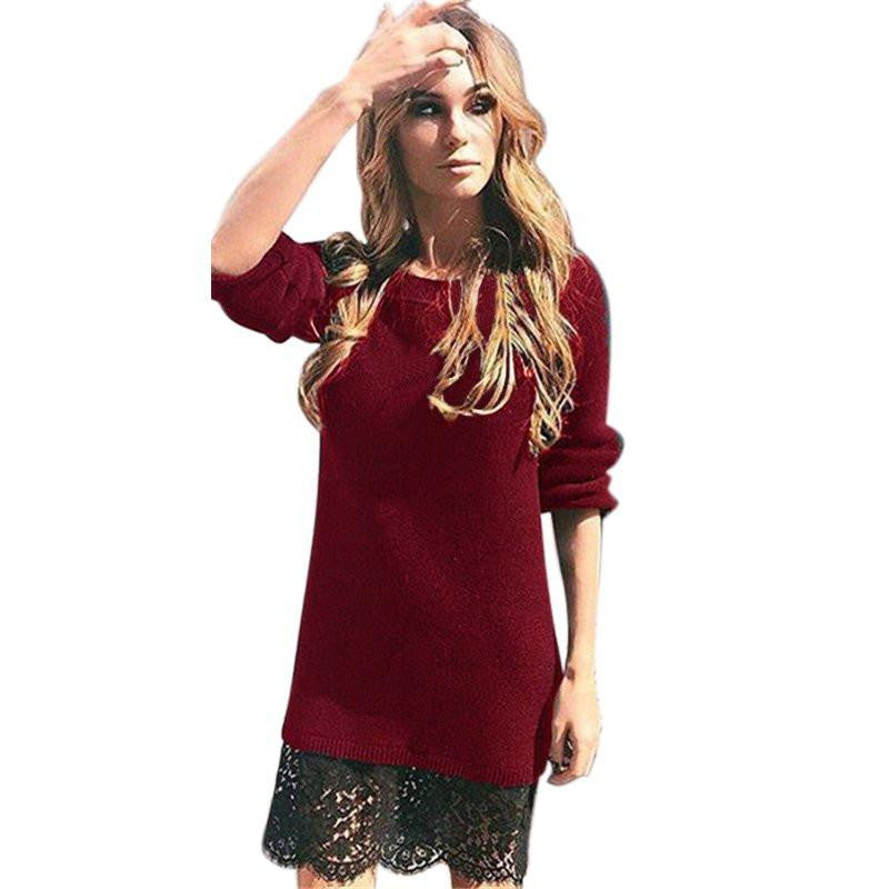 WJ Winter Autumn Women Long Sleeve Warm Lace Knitted Sweater Dresses Black White Slim Bodycon Dress Party Vestidos