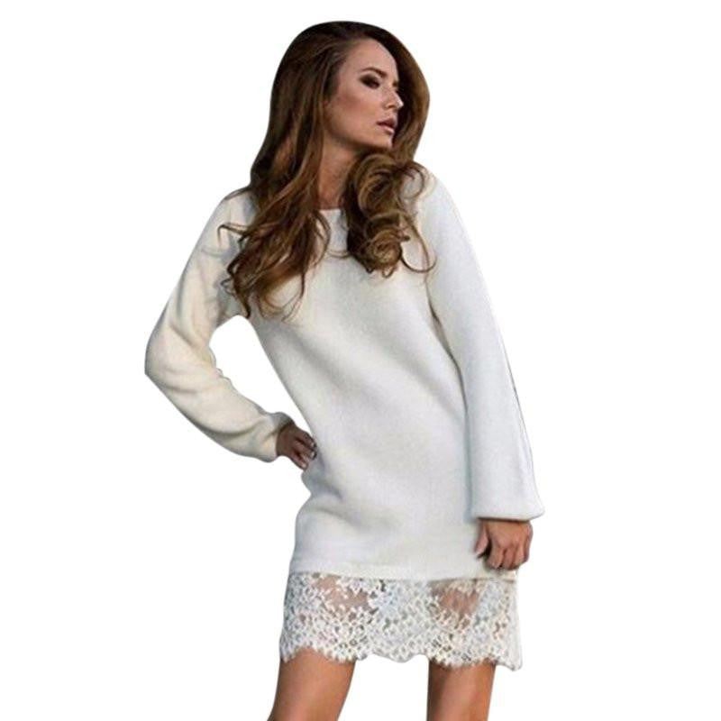 WJ Winter Autumn Women Long Sleeve Warm Lace Knitted Sweater Dresses Black White Slim Bodycon Dress Party Vestidos