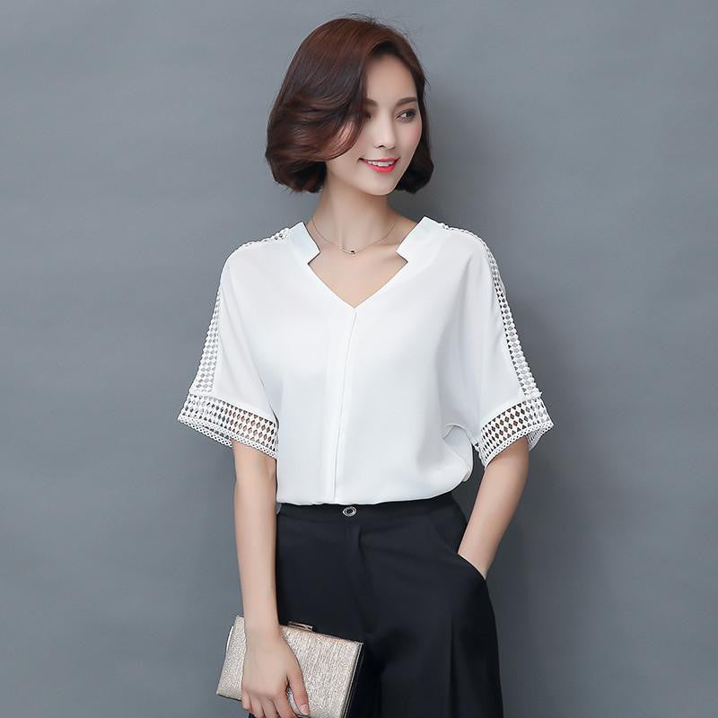 Women Blouses Lace Hollow Out Short Sleeve V-neck Casual Loose Shirts Plus Size Chiffon Tops 883C 25