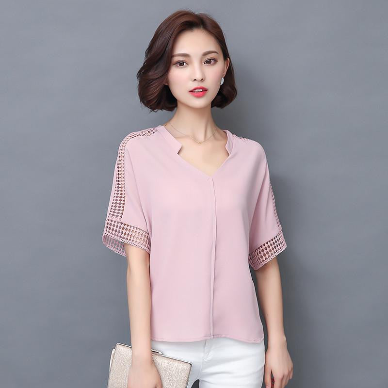 Women Blouses Lace Hollow Out Short Sleeve V-neck Casual Loose Shirts Plus Size Chiffon Tops 883C 25