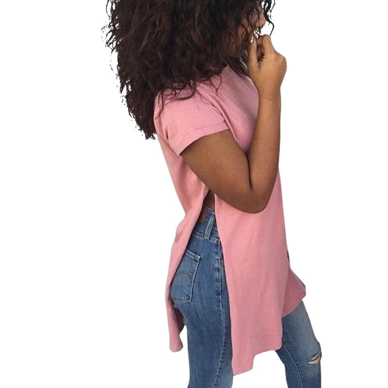 Online discount shop Australia - Fashion Side Splits Hem ladies Shirt Short Sleeve Loose Tops Casaul T shirt Women  Solid LJ4246R