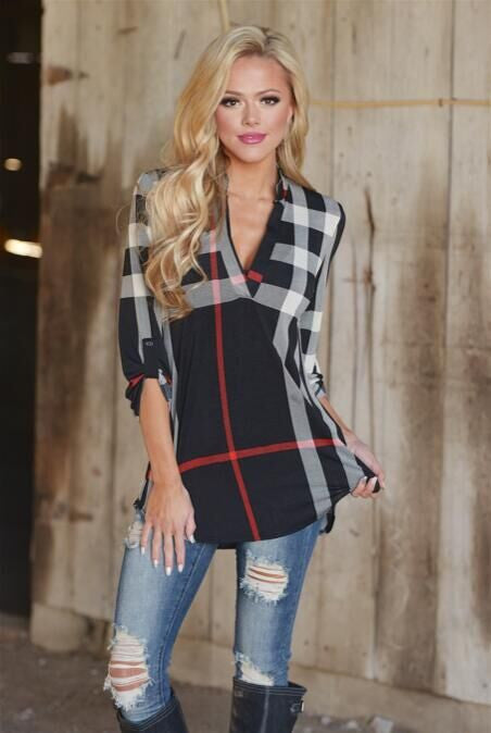 Online discount shop Australia - Ladies Top V Neck Tops Tee Plaid Women Blouse Shirt Three-quarter Sleeve Casual Feminine Blouses LJ4950R