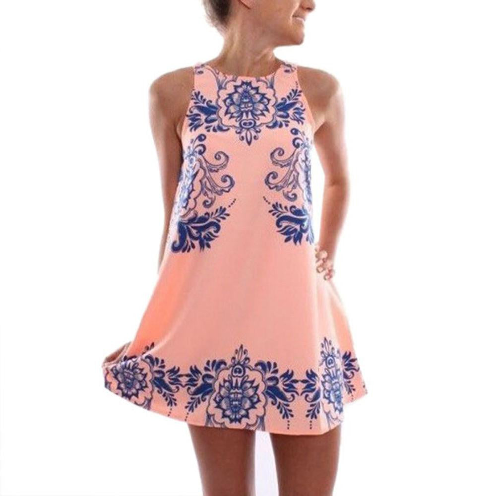 Summer Dress Fashion Women Sleeveless Vestidos Blue And White Porcelain Print Chic Mini Dress