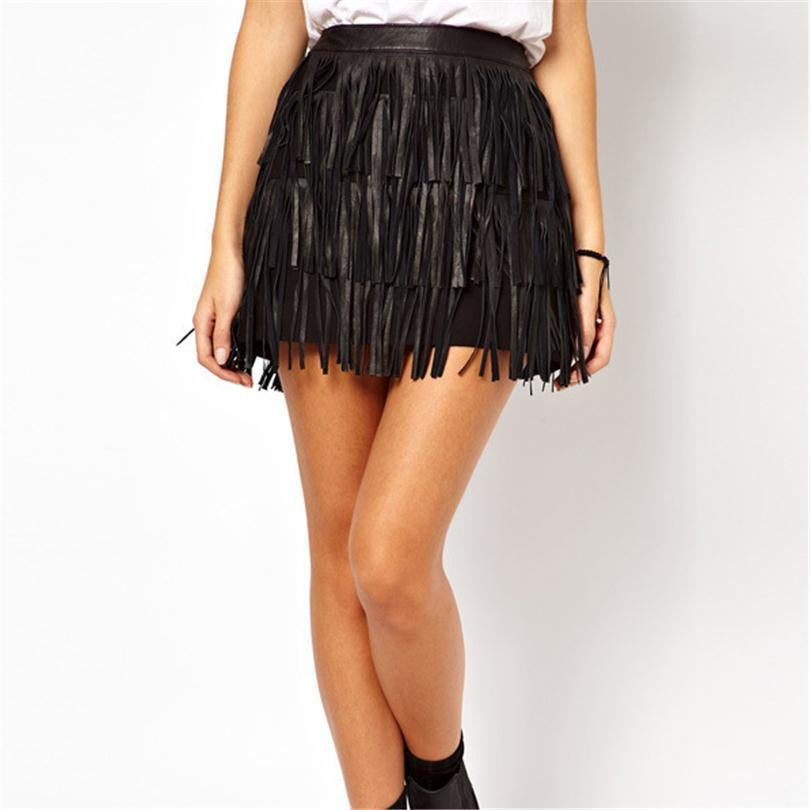Woman Skirts Fashion Women Fringe Tassel PU Leather High Waist A-Line Mini Lady Skirt S-XXL Black D013