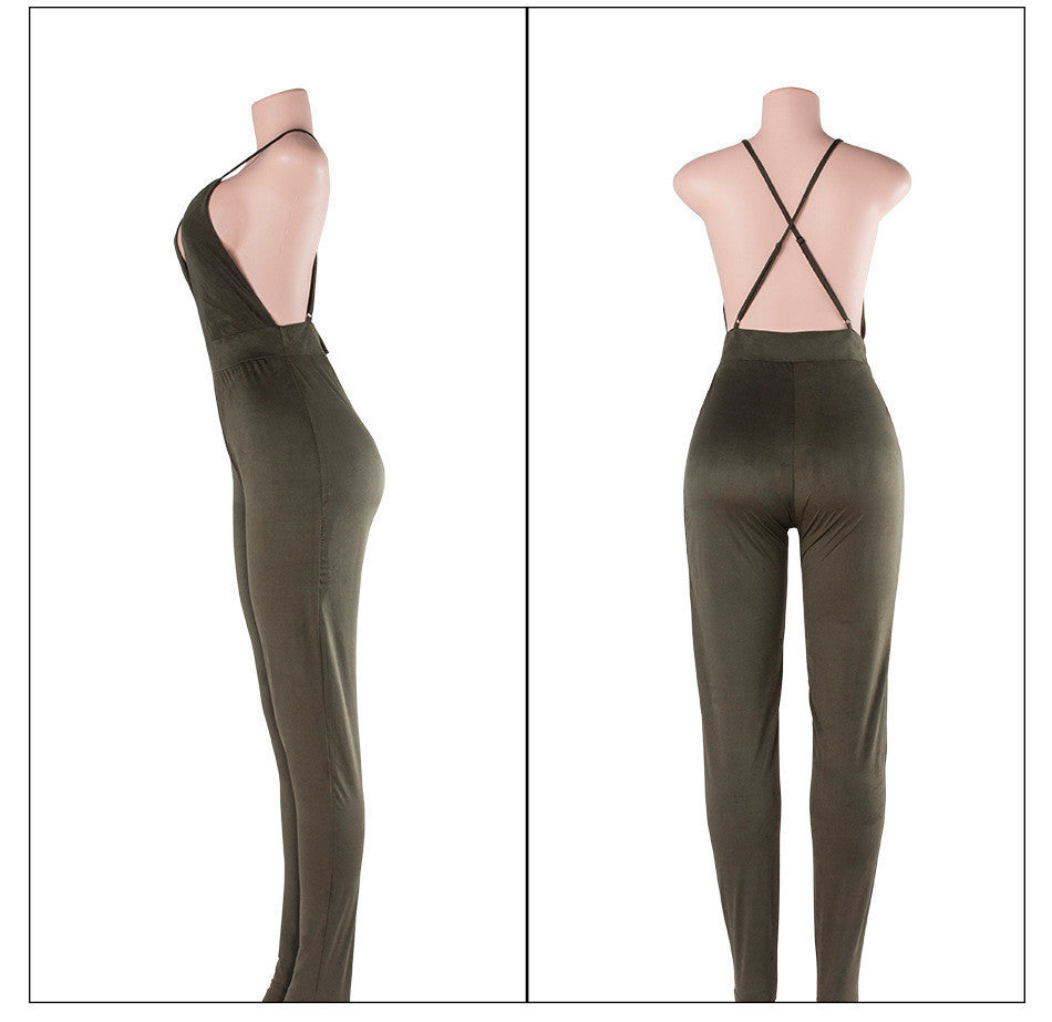 Online discount shop Australia - Deep V sexy backless pencil pants / feet pants nightclub Cashmere Suede Leather One Pieces Jumpsuit Women Rompers