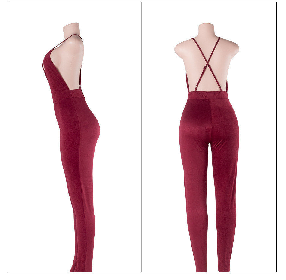 Online discount shop Australia - Deep V sexy backless pencil pants / feet pants nightclub Cashmere Suede Leather One Pieces Jumpsuit Women Rompers