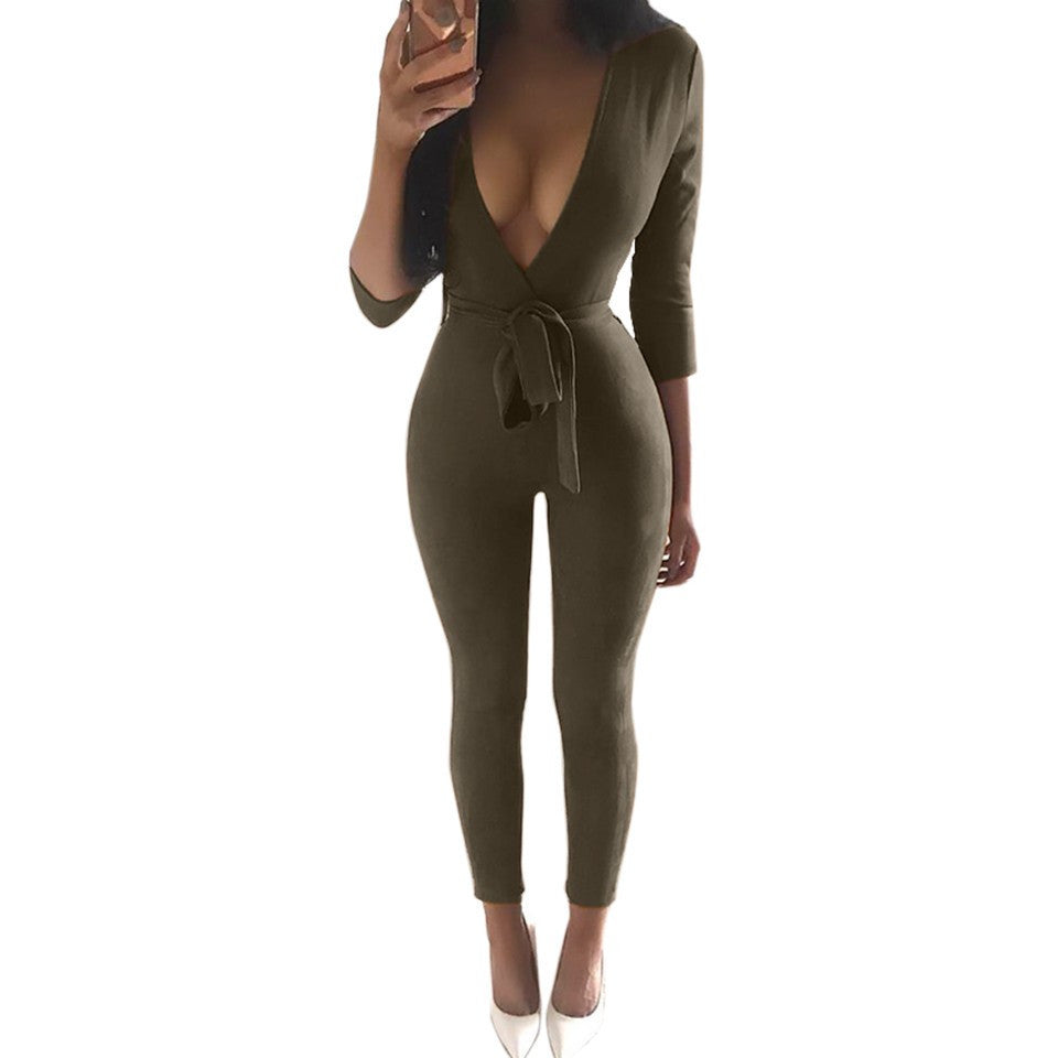 Online discount shop Australia - Deep V sexy backless pencil pants / feet pants nightclub Cashmere Suede Leather One Pieces Jumpsuit Women Rompers