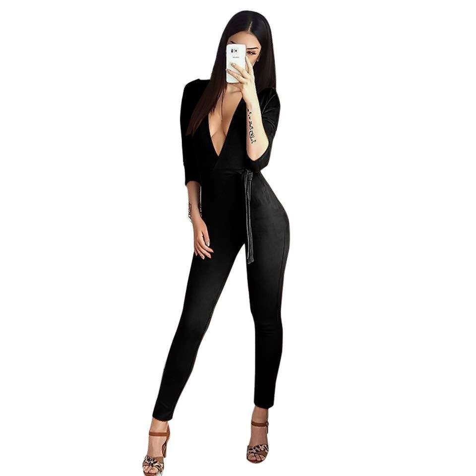 Online discount shop Australia - Deep V sexy backless pencil pants / feet pants nightclub Cashmere Suede Leather One Pieces Jumpsuit Women Rompers