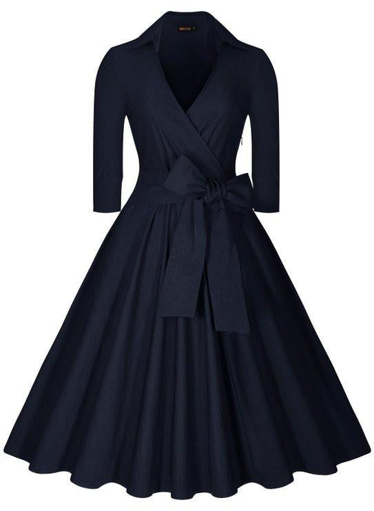 Vintage Hepburn Dress Female V-neck Solid 3/4 Sleeve Solid Ball gown Dress Women Casual Party Dresses size S M L XL XXL
