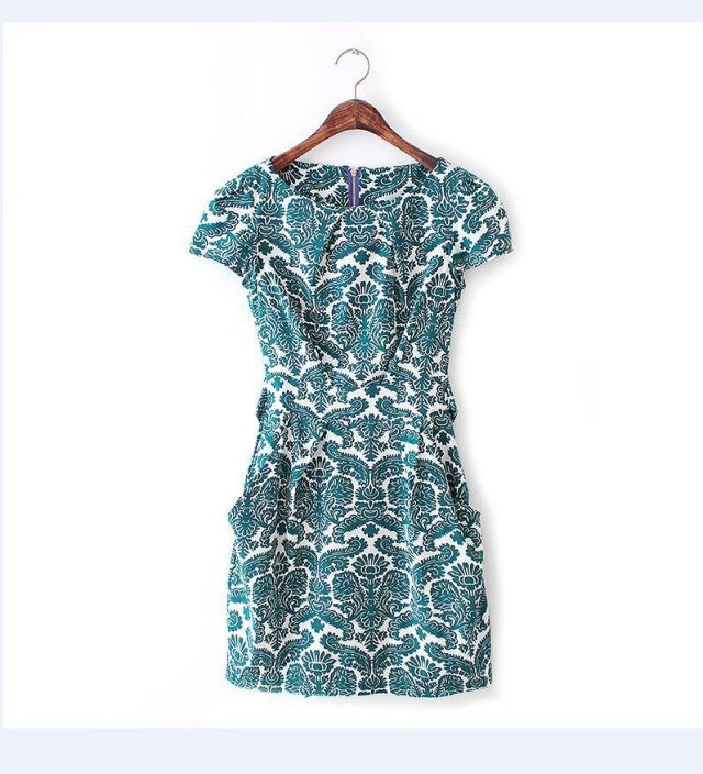 fashion vintage printed dresses evening party dress Summer pockets belt waist slim dress leisure women dress vestidos ED46