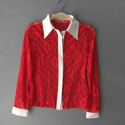 Lace Turn Down Collar Blouse Long Sleeve Shirt Women Hollow Splice Women Blouse Nightclub Women Clothing