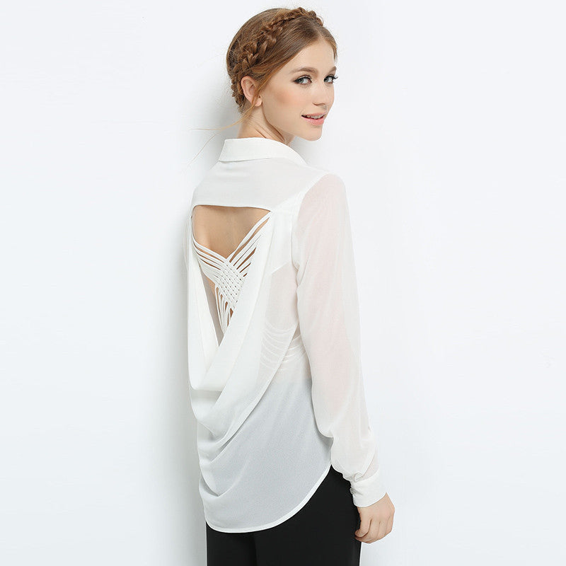 Online discount shop Australia - Backless Blouse  Chiffon Long Sleeve Shirt European Style Female Office Sexy Fashion Tops