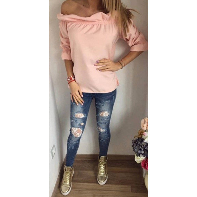 Online discount shop Australia - Fashion Women Blouse Puff Sleeve Slash Neck Soild Shirt Strapless Off Shoulder Ruffles Feminine Blouses Ladies Tops LJ3866C