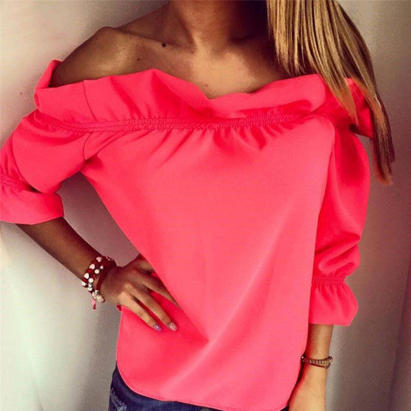 Online discount shop Australia - Fashion Women Blouse Puff Sleeve Slash Neck Soild Shirt Strapless Off Shoulder Ruffles Feminine Blouses Ladies Tops LJ3866C