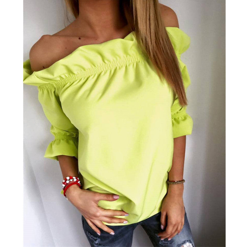 Online discount shop Australia - Fashion Women Blouse Puff Sleeve Slash Neck Soild Shirt Strapless Off Shoulder Ruffles Feminine Blouses Ladies Tops LJ3866C