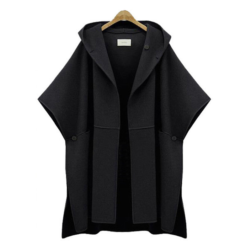 hooded bat sleeve cape woolen jacket plus size ladies loose woolen coat