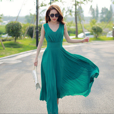 Summer Fashion Women Chiffon Long Dress Korean Solid Lady A-line Dress Sleeveless Bohemian Girls Dresses