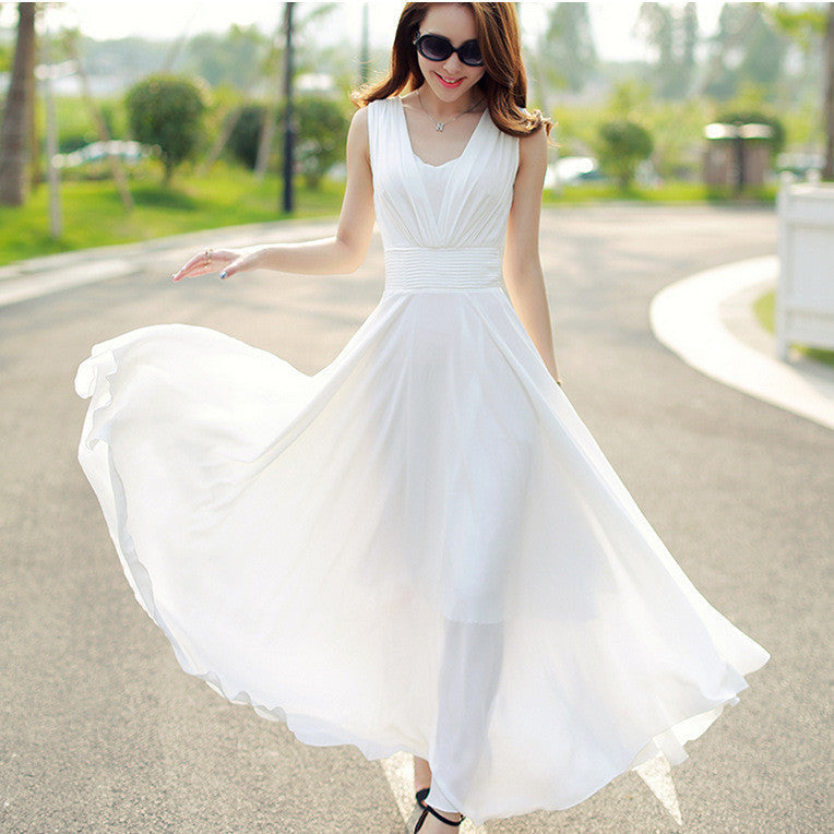Summer Fashion Women Chiffon Long Dress Korean Solid Lady A-line Dress Sleeveless Bohemian Girls Dresses