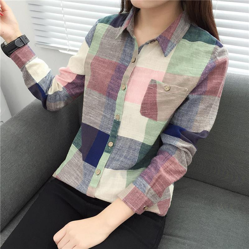 Vintage Plaid Shirt Women Fashion Ladies Tops Women Blouses Long Sleeve Blouse Women Casual